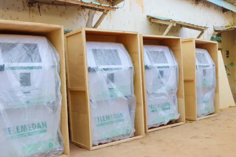 A Telemedan kiosk in rural Chad is equipped with medical devices that allow local health workers to conduct examinations while doctors consult patients remotely.