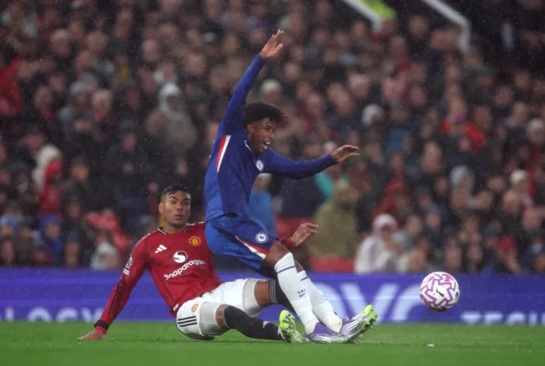 Andrey Santos, right, is set to take on the midfielder enforcer role left vacant by Casemiro, left, at Manchester United