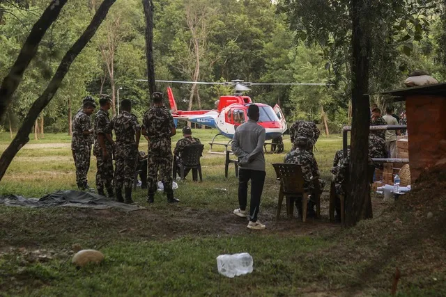 An army camp in Nuwakut, Nepal, where helicopters are being used for rescue efforts