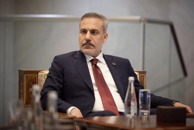 DAMASCUS, SYRIA - APRIL 5: (----EDITORIAL USE ONLY - MANDATORY CREDIT - 'TURKISH FOREIGN MINISTRY' / HANDOUT' - NO MARKETING NO ADVERTISING CAMPAIGNS - DISTRIBUTED AS A SERVICE TO CLIENTS----) Turkish Foreign Minister Hakan Fidan meets with Syrian Foreign Minister Asaad Hassan al-Shaibani (not seen) and Ukrainian Foreign Minister Andrii Sybiha (not seen) in Damascus, Syria, on April 5, 2026. ( Turkish Foreign Ministry - Anadolu Agency )