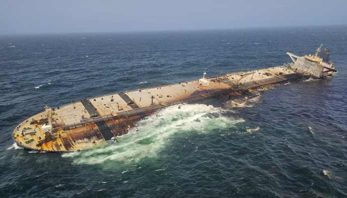 The damaged and half sunk oil tanker Caroline Bezengi, at sea off the coast of Oman, on a date given as August 6, 2026.— Reuters
