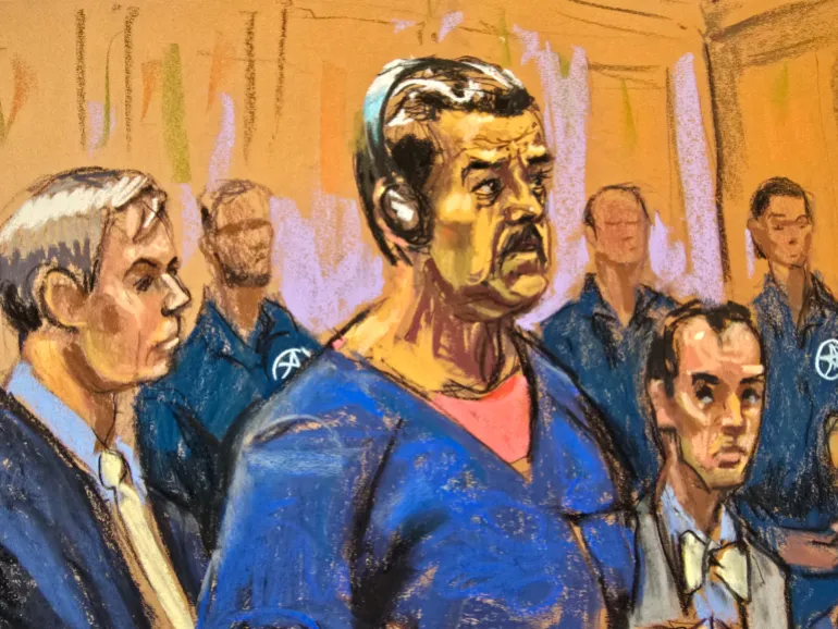 Courtroom sketch shows deposed president of Venezuela Nicolas Maduro (C), attending his arraignment at Daniel Patrick Moynihan United States Courthouse on January 5, 2026 in New York, with defence lawyers Barry Pollack (L) and Mark Donnelly (R).