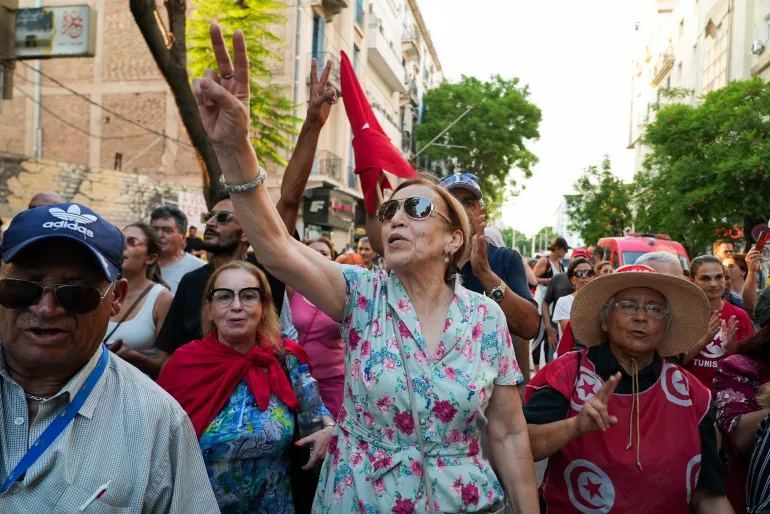 Tunisians protest against President Kais Saied, demanding the restoration of democracy and calling for the release of jailed activists and journalists amid a worsening economic and social crisis, in Tunis, Tunisia, August 20, 2026. REUTERS/Jihed Abidellaoui