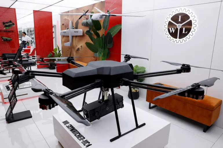 Drones are displayed during the International Defence Exhibition and Seminar (IDEAS 2024) in Karachi, Pakistan November 21, 2024. REUTERS/Akhtar Soomro
