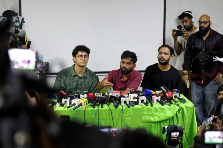 Abhijeet Dipke, head of the Cockroach Janta Party (CJP) speaks as the party's convenors Ashutosh Ranka and Saurav Das look on during a press conference to demand resignation of India's Chief Election Commissioner Gyanesh Kumar, in New Delhi, India, September 24, 2026. REUTERS/Bhawika Chhabra