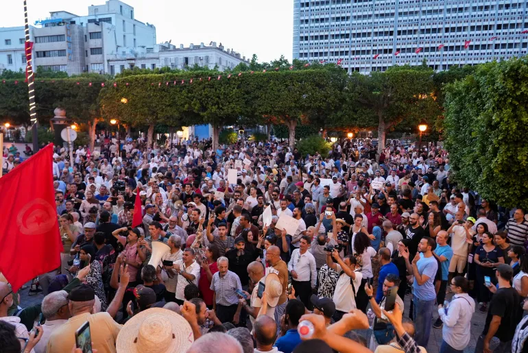 Tunisians protest against President Kais Saied in Tunis, demanding the restoration of democracy and the release of jailed activists and journalists amid growing anger over deteriorating living conditions and an economic crisis [Jihed Abidellaoui/Reuters]