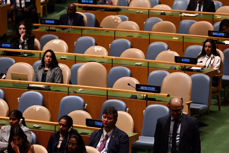 Seats for the United States delegation are empty as President of Iran Masoud Pezeshkian addresses the United Nations General Assembly on Sept. 23, 2026.