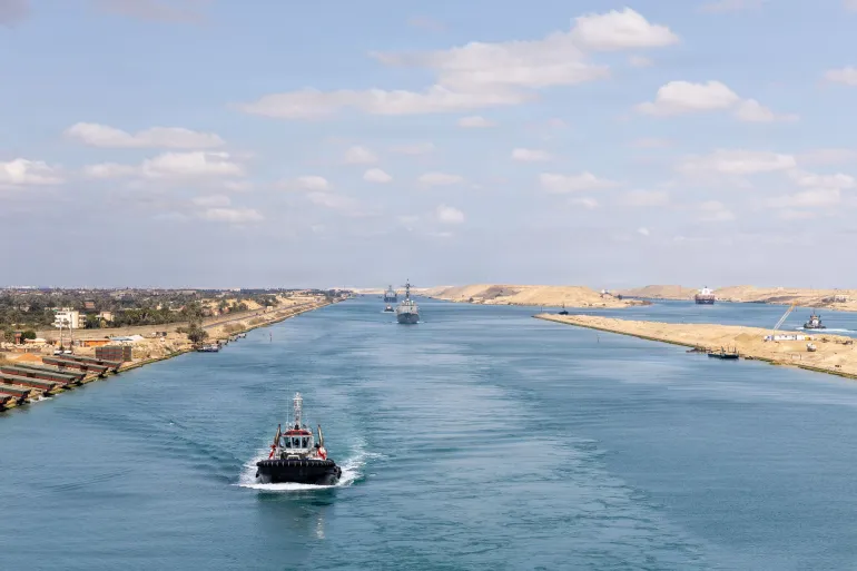 A US Navy guided-missile destroyer moves along the Suez Canal, en route to support the Operation Epic Fury attack on Iran, off Egypt, on March 5, 2026 [Reuters]