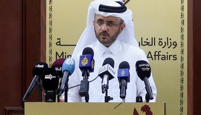Qatars Foreign Ministry spokesman, Majed Al-Ansari, speaks during a weekly press briefing at the Ministry of Foreign Affairs in Doha, Qatar, on April 23, 2024.— Reuters