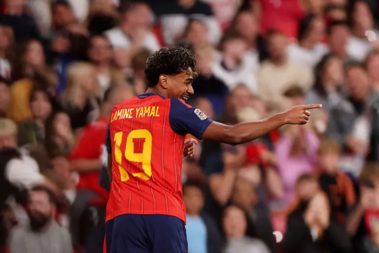 Lamine Yamal of Spain celebrates scoring his team’s first goal during the UEFA Nations League 2026/27 group phase match against England at Wembley Stadium