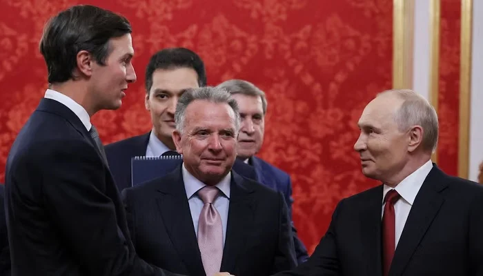 Russian President Vladimir Putin shakes hands with Jared Kushner, US President Donald Trumps son-in-law, as US Special Envoy Steve Witkoff stands nearby during a meeting at the Kremlin in Moscow, Russia, September 5, 2026.— Reuters