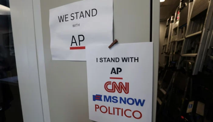 An updated solidarity sign adding CNN, MSNOW and POLITICO hangs outside the Associated Press booth at the White House grounds after US President Donald Trump banned three major news outlets – CNN, MS NOW and Politico from the White House, in Washington, DC, US, September 21, 2026. — Reuters