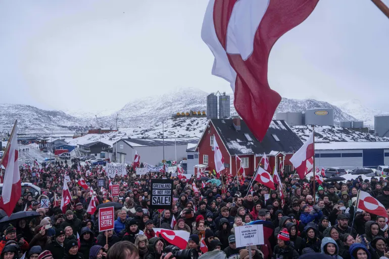 People protest against Trump’s policy towards Greenland in front of the US consulate in Nuuk, Greenland, January 17, 2026