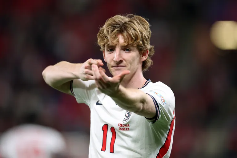 PRAGUE, CZECH REPUBLIC - SEPTEMBER 29: Anthony Gordon of England celebrates scoring his team’s first goal during the UEFA Nations League 2026/27 group phase match between Czechia and England at Fortuna Arena on September 29, 2026 in Prague, Czech Republic. (Photo by Justin Setterfield/Getty Images)